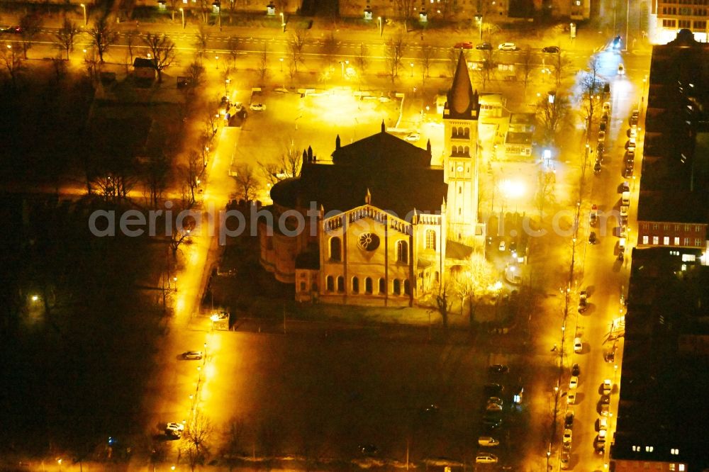Aerial photograph at night Potsdam - Night lighting Church building in Propsteikirche Sankt Peter and Paul Am Bassinplatz Old Town- center of downtown in the district Innenstadt in Potsdam in the state Brandenburg, Germany