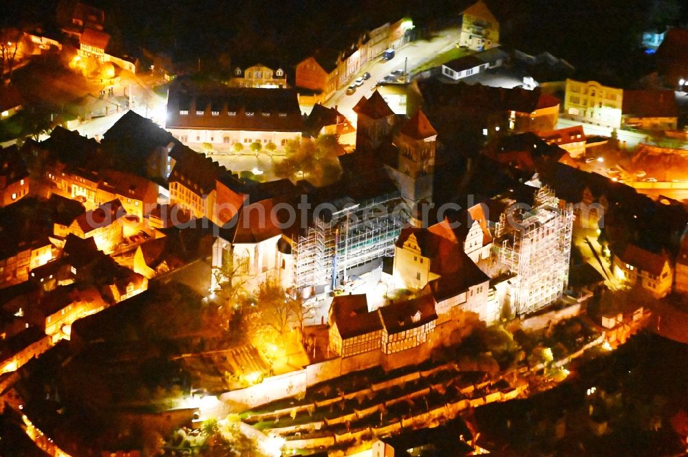 Quedlinburg at night from above - Night lighting church building in of Stiftskirche Schlosskirche - St.Servatii on Schlossberg Old Town- center of downtown in Quedlinburg in the state Saxony-Anhalt, Germany