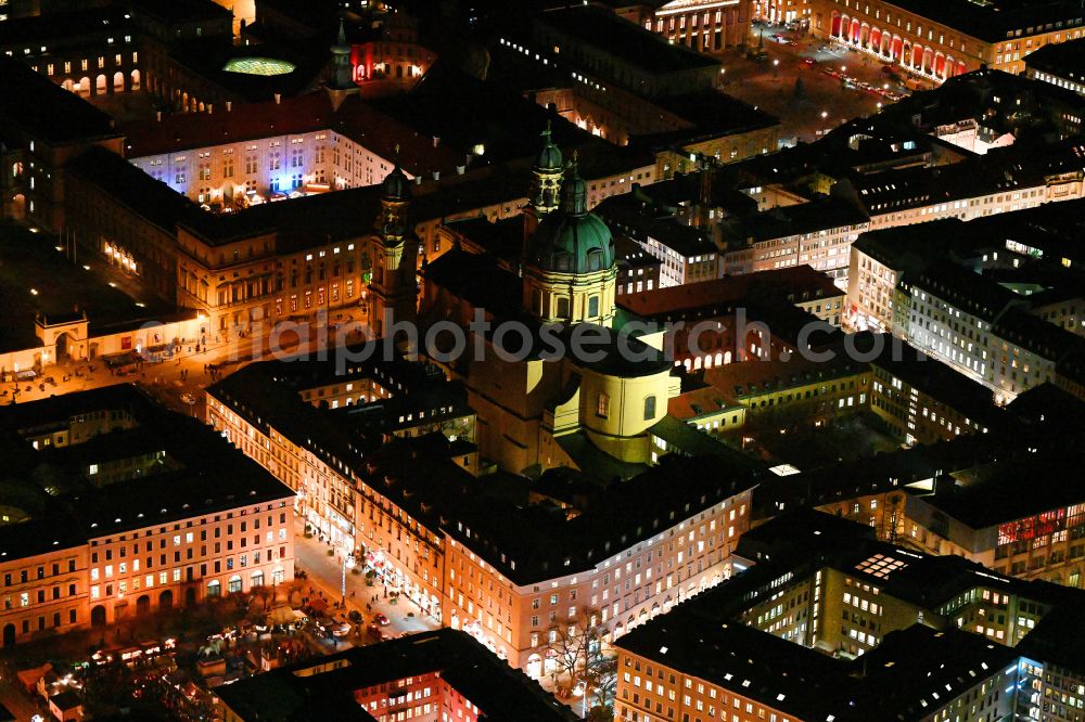 München at night from above - Night lighting church building in the Theatinerkirche also Catholic Collegiate Church of St. Cajetan called in Munich in Bavaria