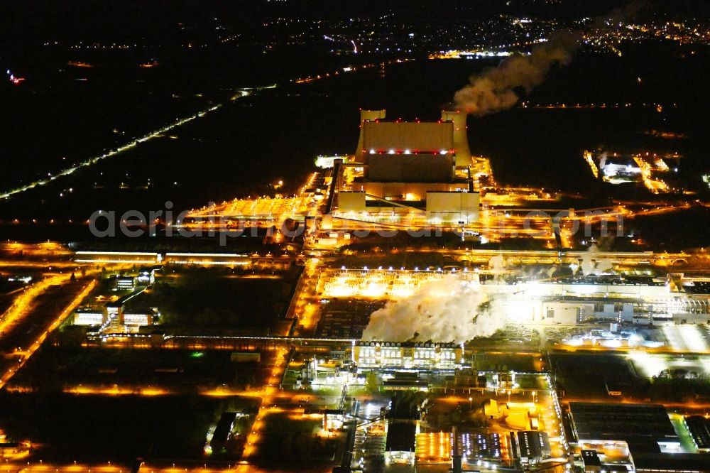 Aerial image at night Spremberg - Night lighting coal power plants of the district Schwarze Pumpe in Spremberg in the state Brandenburg, Germany