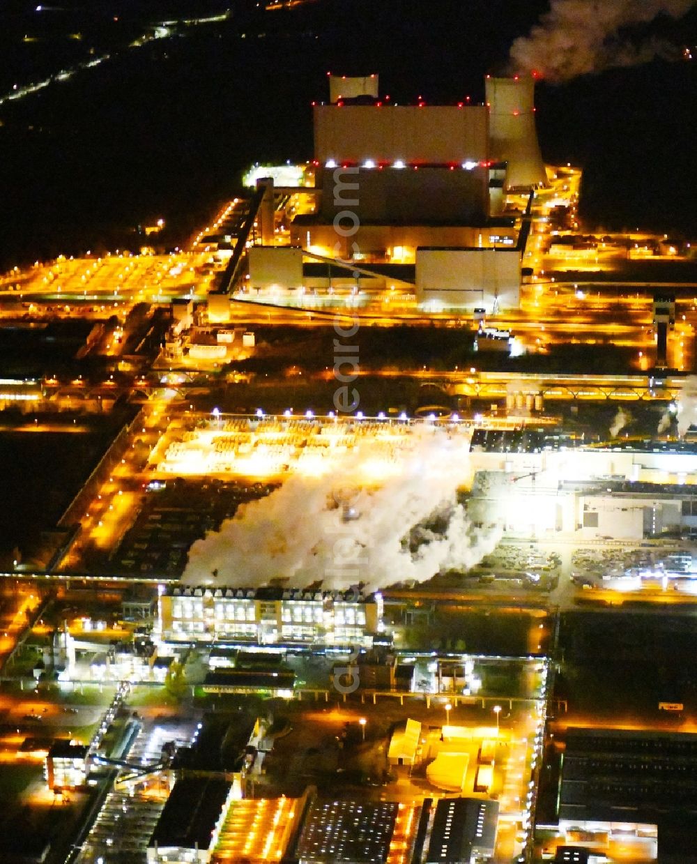 Aerial image at night Spremberg - Night lighting coal power plants of the district Schwarze Pumpe in Spremberg in the state Brandenburg, Germany