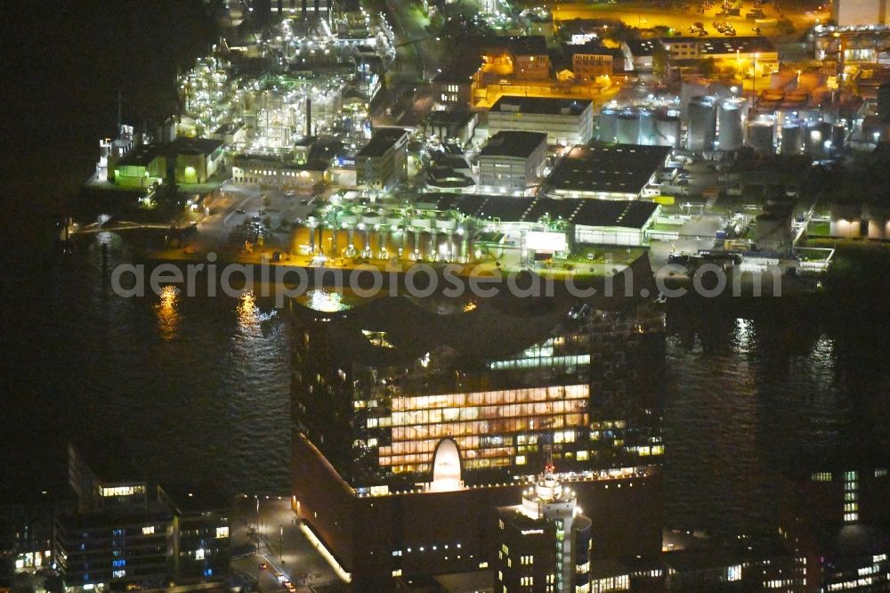Aerial photograph at night Hamburg - Night lighting The Elbe Philharmonic Hall on the river bank of the Elbe in Hamburg