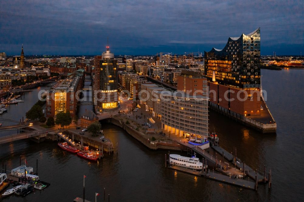 Hamburg at night from above - Night lighting the Elbe Philharmonic Hall on the river bank of the Elbe in Hamburg