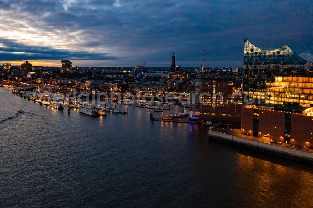 Hamburg at night from above - Night lighting the Elbe Philharmonic Hall on the river bank of the Elbe in Hamburg