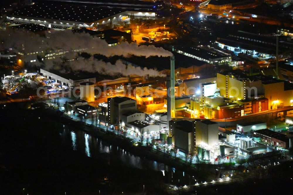 Hamburg at night from above - Night lighting power plants and exhaust towers of Waste incineration plant station on Tiefstackkanal in the district Billbrook in Hamburg, Germany