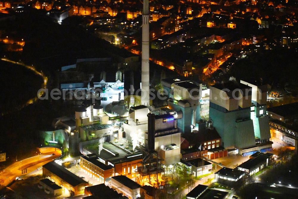 Aerial image at night Stuttgart - Night lighting power plants and exhaust towers of Waste incineration plant station in the district Muenster in Stuttgart in the state Baden-Wurttemberg, Germany