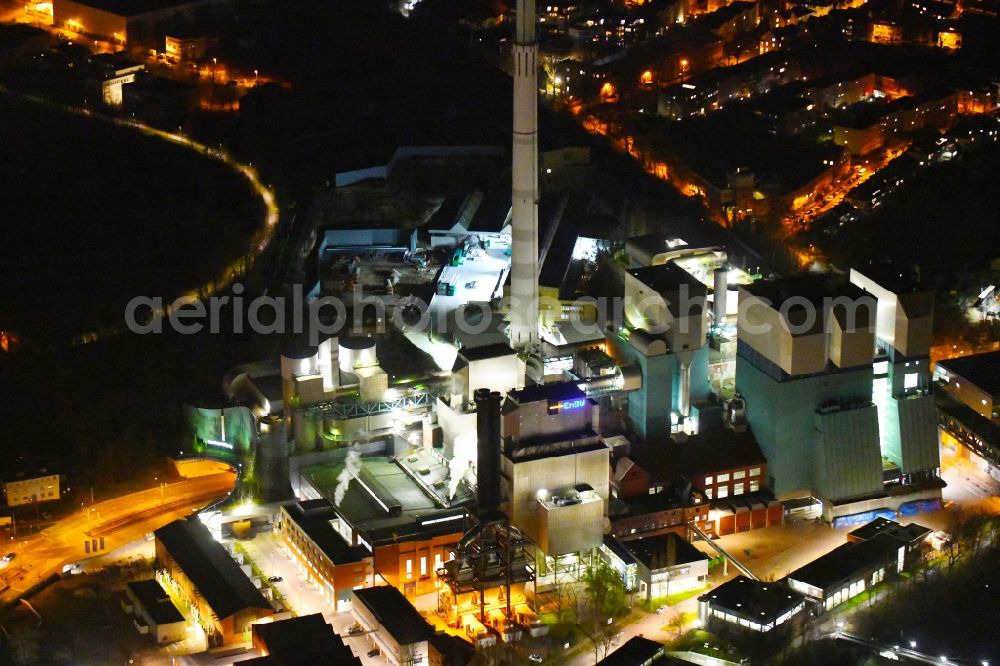 Stuttgart at night from above - Night lighting power plants and exhaust towers of Waste incineration plant station in the district Muenster in Stuttgart in the state Baden-Wurttemberg, Germany
