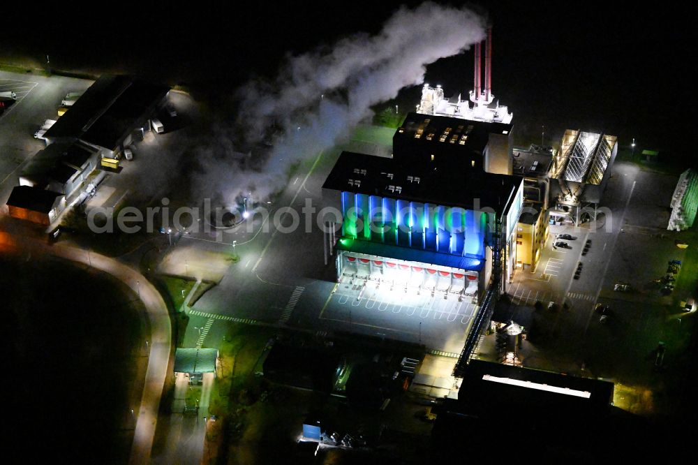 Lützen at night from above - Night lighting power plants and exhaust towers of Waste incineration plant station Prezero Energy Zorbau in Zorbau in the state Saxony-Anhalt, Germany