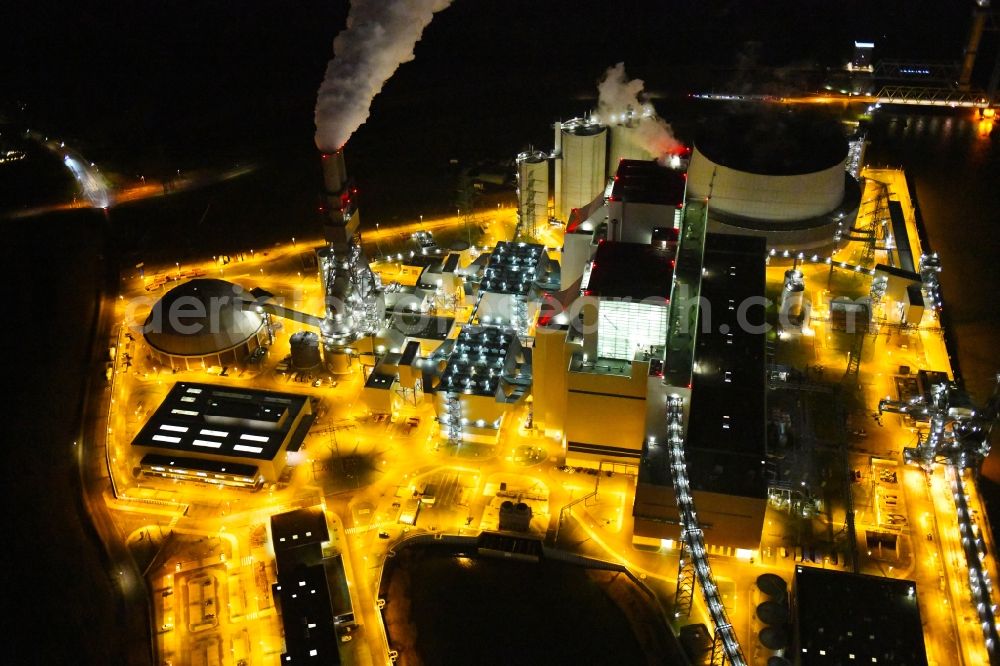Hamburg at night from above - Night lighting power plants and exhaust towers of thermal power station Vattenfall Tiefstack in Hamburg Moorburg, Germany