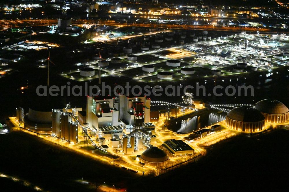 Hamburg at night from above - Night lighting power plants and exhaust towers of thermal power station Vattenfall Tiefstack in Hamburg Moorburg, Germany