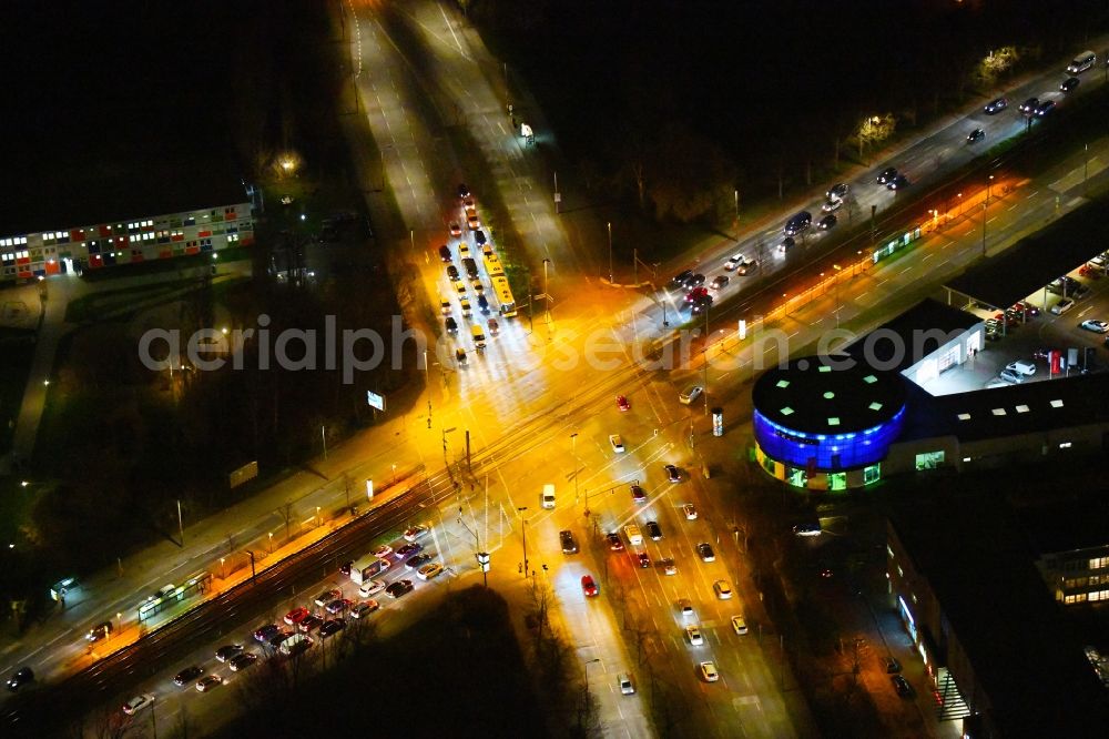 Aerial image at night Berlin - Night lighting road over the crossroads Blumberger Damm corner Landsberger Allee in the district Marzahn in Berlin, Germany