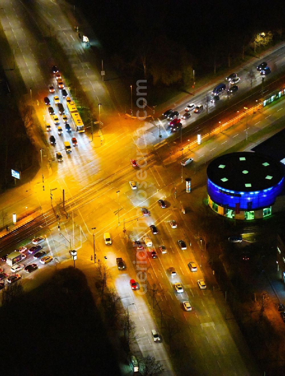 Berlin at night from above - Night lighting road over the crossroads Blumberger Damm corner Landsberger Allee in the district Marzahn in Berlin, Germany