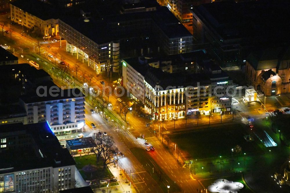 Aerial photograph at night Mannheim - Night lighting road over the crossroads on Rosengarten in Mannheim in the state Baden-Wurttemberg, Germany