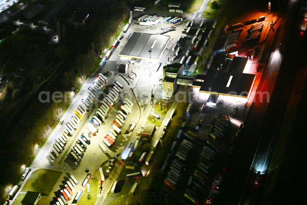 Deubachshof at night from above - Night lighting lorries - parking spaces at the highway rest stop and parking of the BAB A 4 in Deubachshof in the state Thuringia, Germany