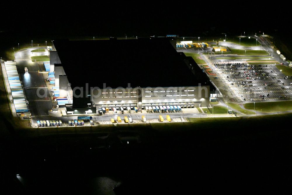 Hof at night from above - Night lighting new building complex on the site of the logistics center Amazon Warenlager in Gewerbepark Hochfranken on street Amazonstrasse in the district Gumpertsreuth in Hof in the state Bavaria, Germany