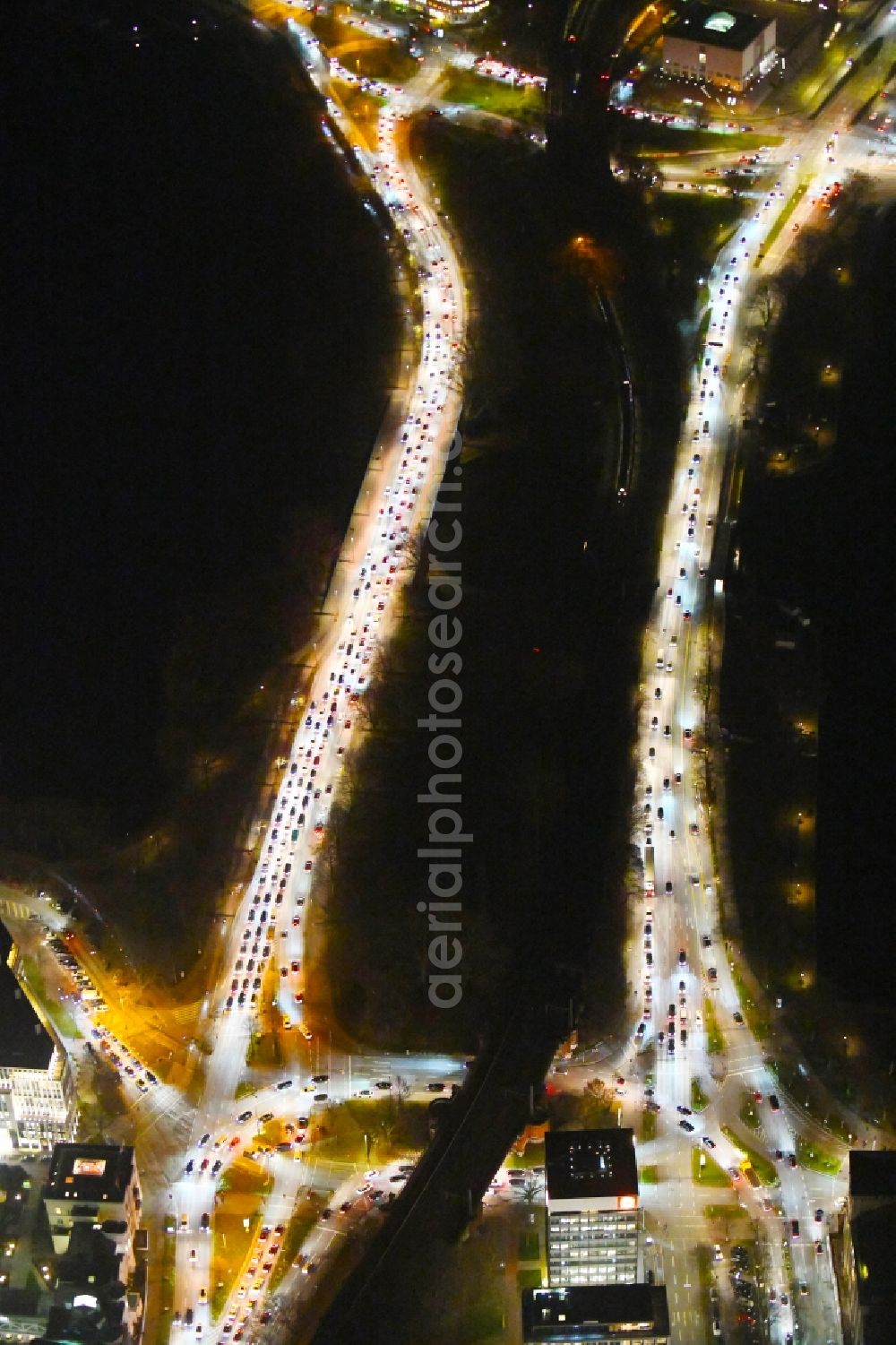 Aerial photograph at night Hamburg - Night aerial view of bridge Lombardsbruecke and Kennedybruecke in Hamburg, Germany