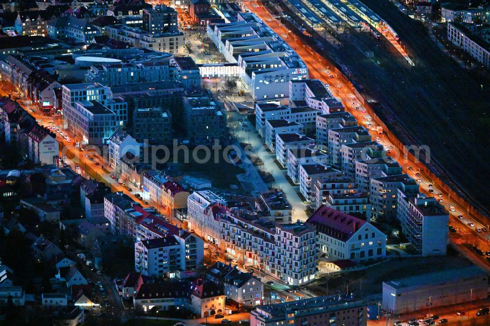Aerial image at night München - Night lighting multi-family residential complex Kuvertfabrik in the district Pasing-Obermenzing in Munich in the state Bavaria, Germany