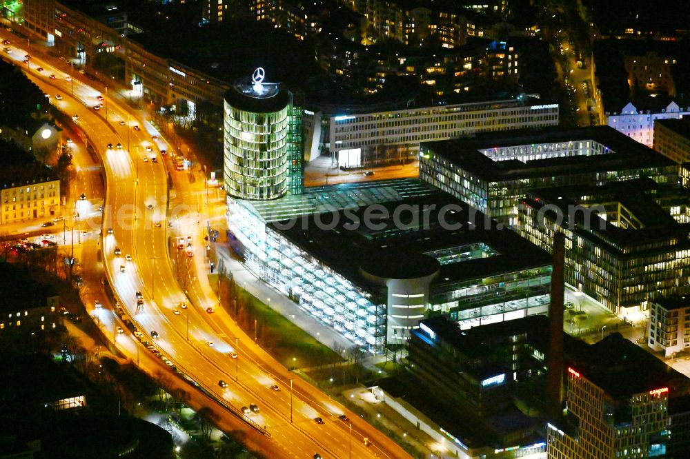 Aerial image at night München - Night lighting mercedes-Benz dealership in Munich at the Arnulf Strasse in Munich in Bavaria