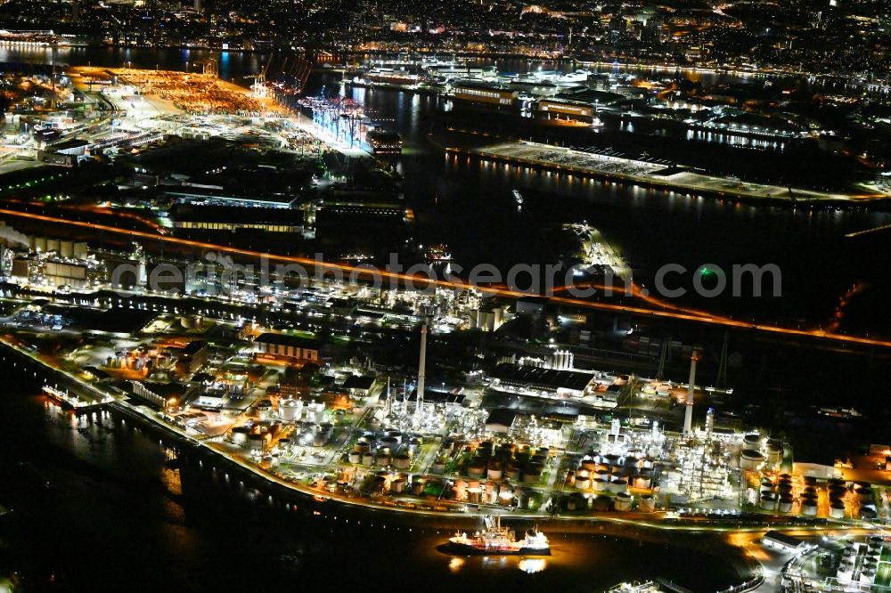 Aerial image at night Hamburg - Night lighting mineral oil - tank on Oelhafen in the district Wilhelmsburg in Hamburg, Germany