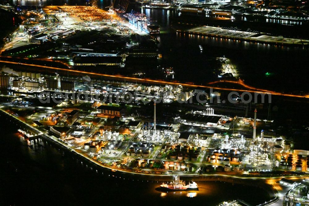 Hamburg at night from above - Night lighting mineral oil - tank on Oelhafen in the district Wilhelmsburg in Hamburg, Germany
