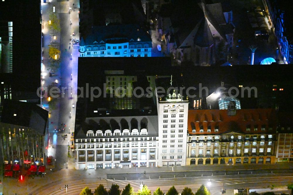 Leipzig at night from above - Night lighting museum building ensemble Aegyptisches Museum in the district Mitte in Leipzig in the state Saxony, Germany