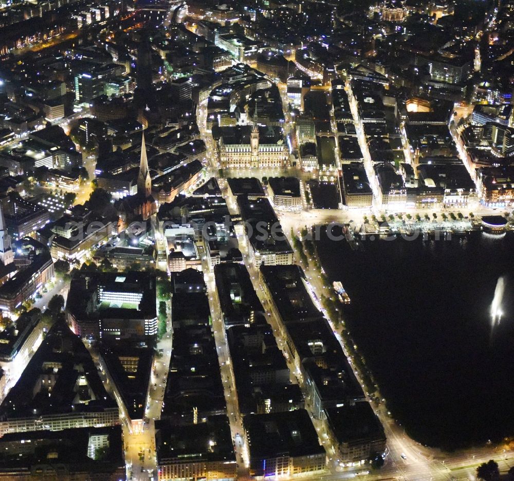 Hamburg at night from above - Night view Riparian areas on the lake area of Binnenalster city center of Hamburg