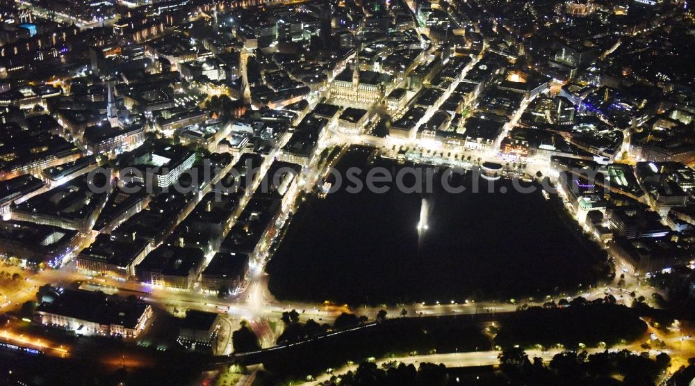 Aerial image at night Hamburg - Night view Riparian areas on the lake area of Binnenalster city center of Hamburg