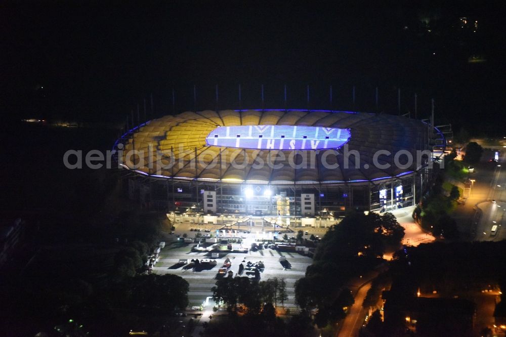 Aerial image at night Hamburg - Night view at stadium Volksparkstadion - formerly Imtech-Arena, is the home ground of German Bundesliga club HSV
