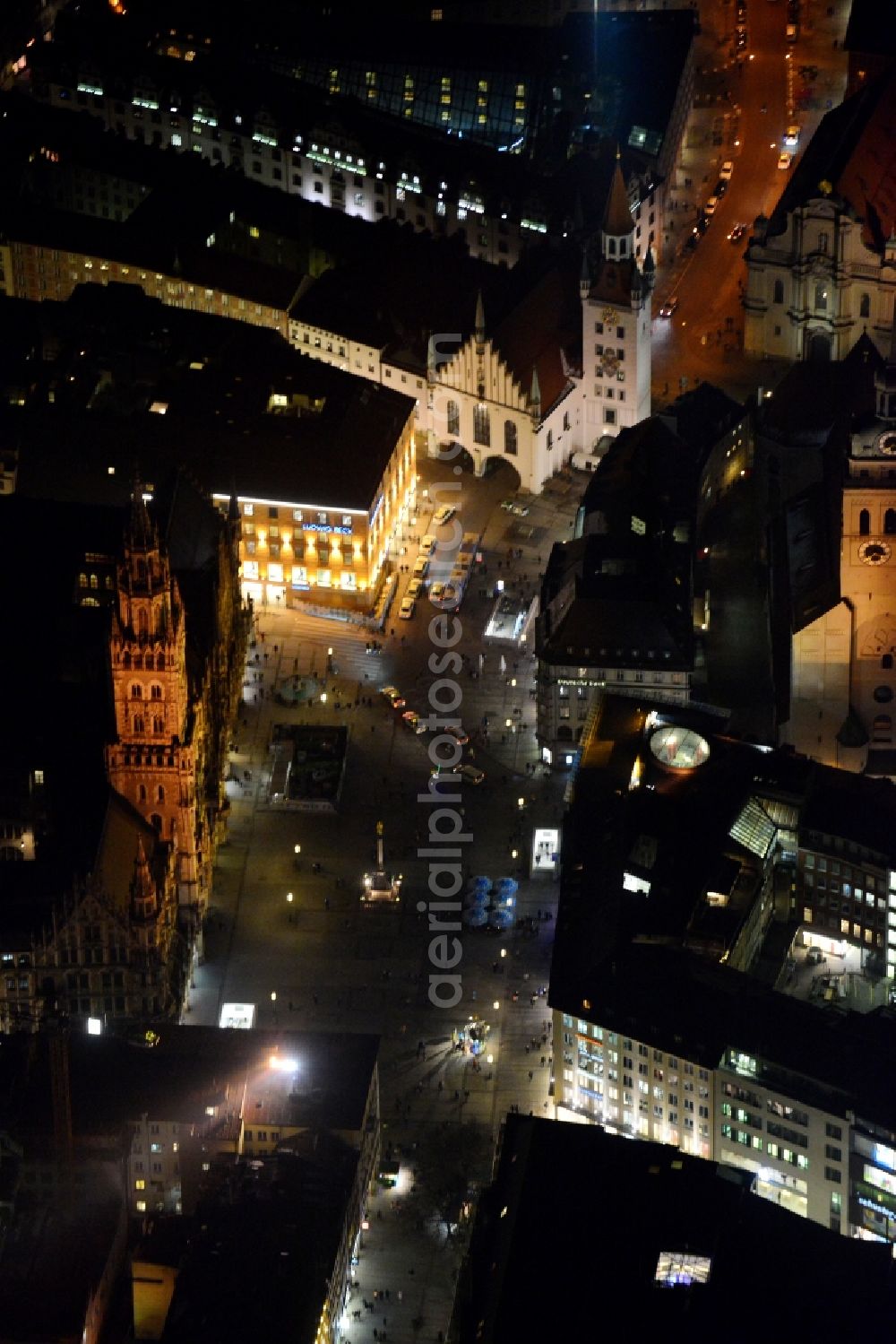 München at night from above - City view of the Old Town at the Frauenkirche at the New Town Hall in the center of Munich in Bavaria
