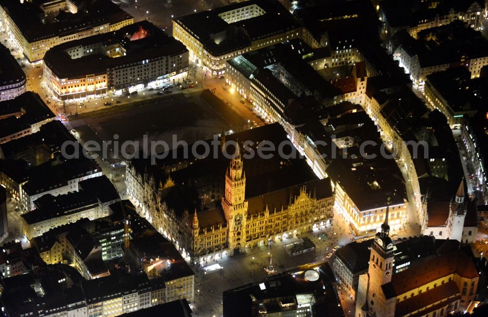 Aerial photograph at night München - City view of the Old Town at the Frauenkirche at the New Town Hall in the center of Munich in Bavaria