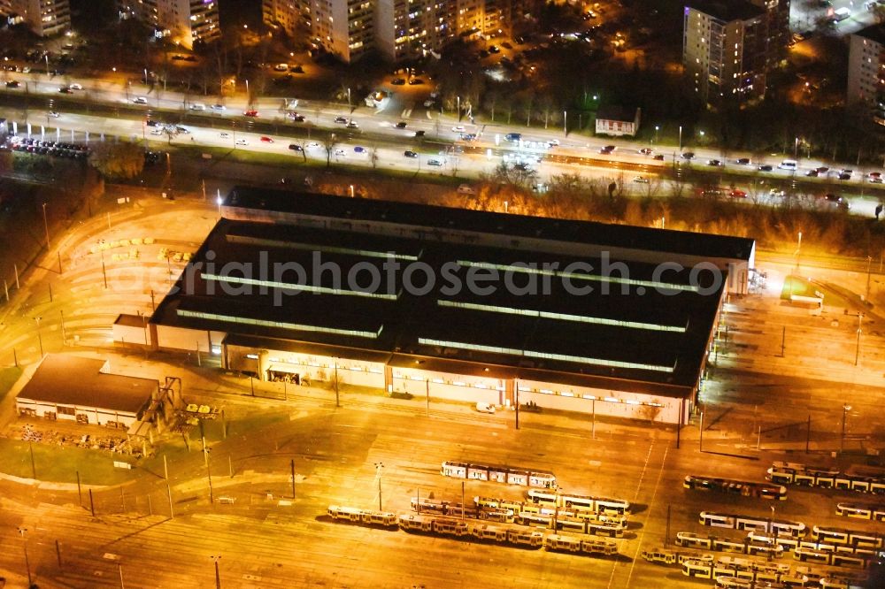 Berlin at night from the bird perspective: Night lighting tram depot of the Municipal Transport Company BVG Betriebshof Marzahn in the district Marzahn in Berlin, Germany