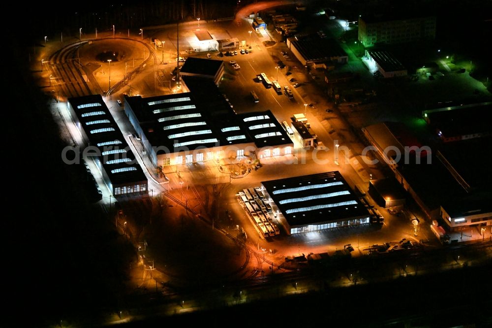 Jena at night from above - Night lighting tram depot of the Municipal Transport Company Jenaer Nahverkehr GmbH in Jena in the state Thuringia, Germany