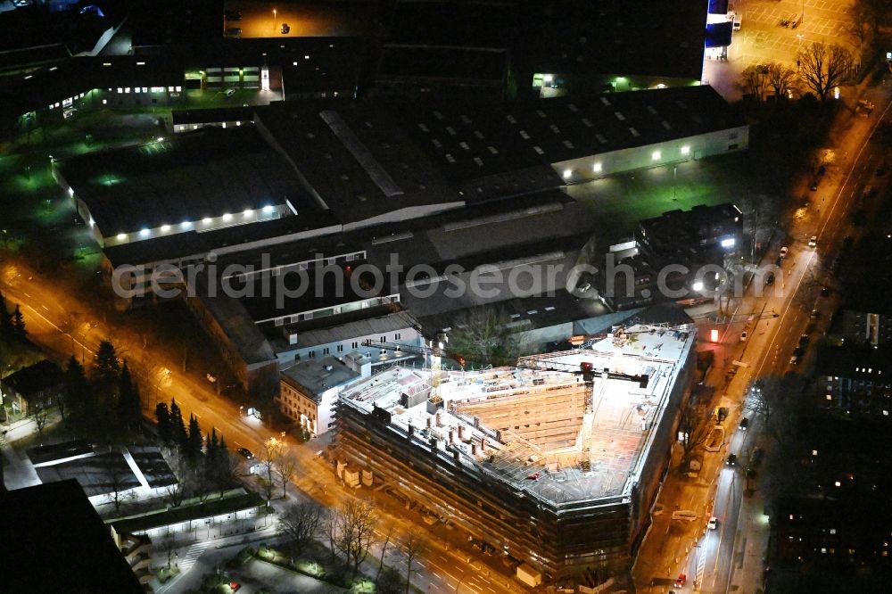 Hamburg at night from above - Night lighting construction site to build a new office and commercial building on Bramfelder Chausee corner Werner-Otto-Strasse in the district Bramfeld in Hamburg, Germany