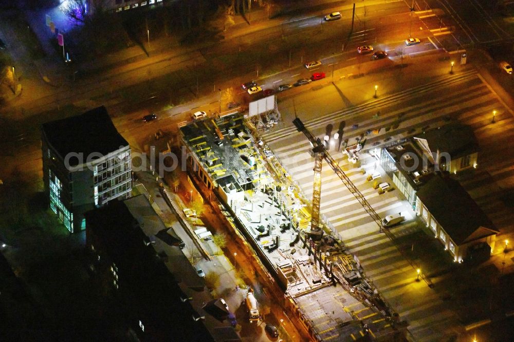 Aerial image at night Berlin - Night lighting Construction site to build a new office and commercial building Am Forum and Ecowiss on Erich-Thilo-Strasse corner Rudower Chaussee in Berlin, Germany