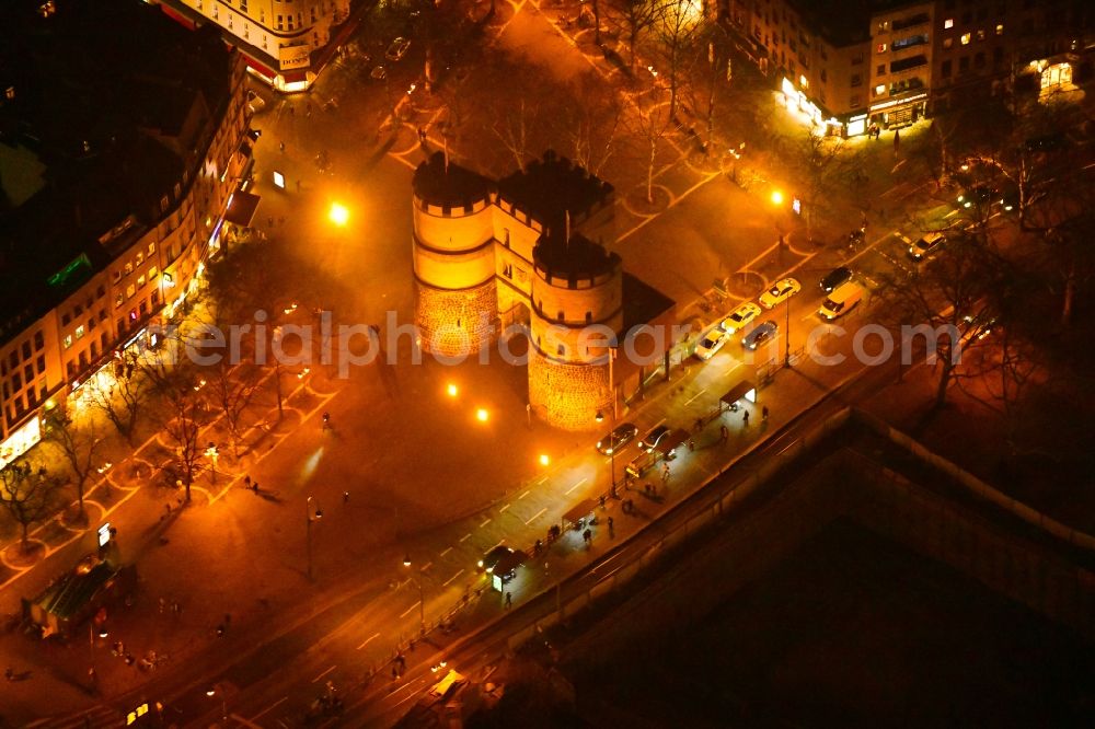 Aerial image at night Köln - Night lighting construction site to build a new office and commercial building on Rudolfplatz on Koelner Hahnepooz - Hahnentorburg in Cologne in the state North Rhine-Westphalia, Germany