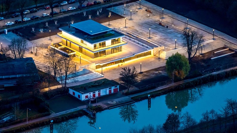 Hamm at night from the bird perspective: Night lighting building water sports center on Adenauerallee in Hamm in the state North Rhine-Westphalia, Germany