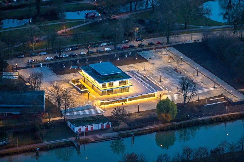Aerial photograph at night Hamm - Night lighting building water sports center on Adenauerallee in Hamm in the state North Rhine-Westphalia, Germany