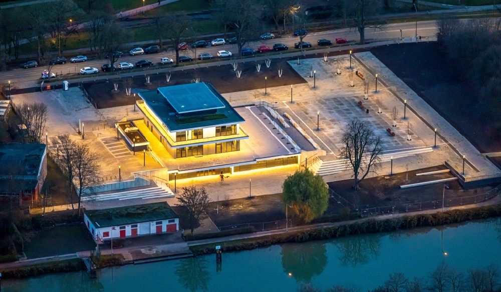 Aerial image at night Hamm - Night lighting building water sports center on Adenauerallee in Hamm in the state North Rhine-Westphalia, Germany