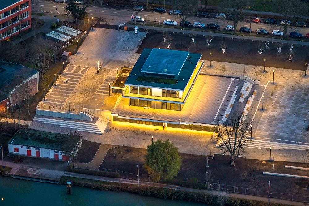 Hamm at night from the bird perspective: Night lighting building water sports center on Adenauerallee in Hamm in the state North Rhine-Westphalia, Germany