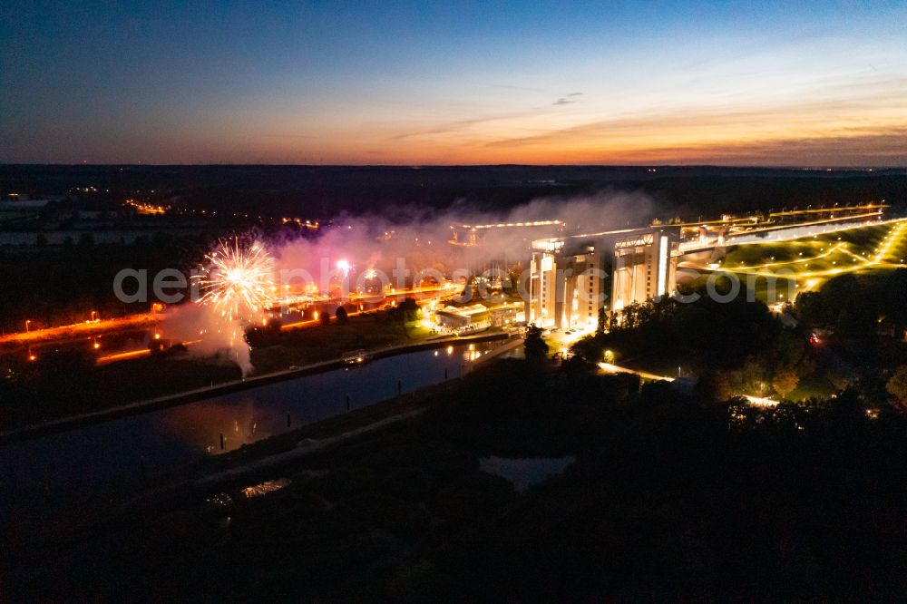 Aerial image at night Niederfinow - Night lighting new and old Niederfinow opening ship lift on the Finow Canal in the state of Brandenburg