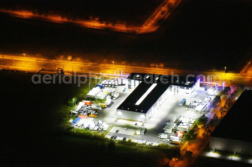 Dresden at night from above - Night lighting commercial Vehicle and Special Vehicle trade Iveco Dresden An der Bartlak in the district Hellerau in Dresden in the state Saxony, Germany