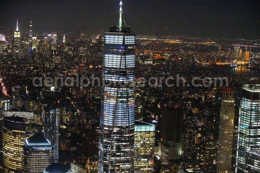 New York at night from above - Night lighting City center with One World Trade Center in the skyline in the downtown area in the district Manhattan in New York in United States of America
