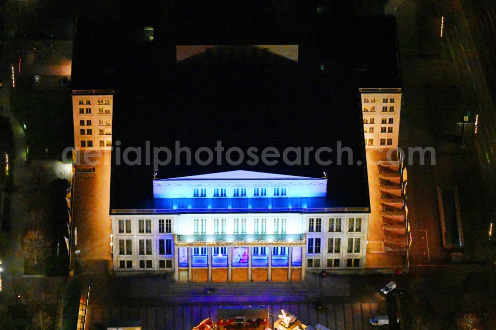 Leipzig at night from the bird perspective: Night lighting Opera house Oper Leipzig on Augustusplatz in Leipzig in the state Saxony, Germany