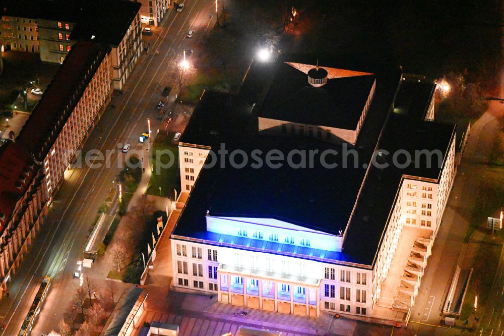 Aerial photograph at night Leipzig - Night lighting Opera house Oper Leipzig on Augustusplatz in Leipzig in the state Saxony, Germany