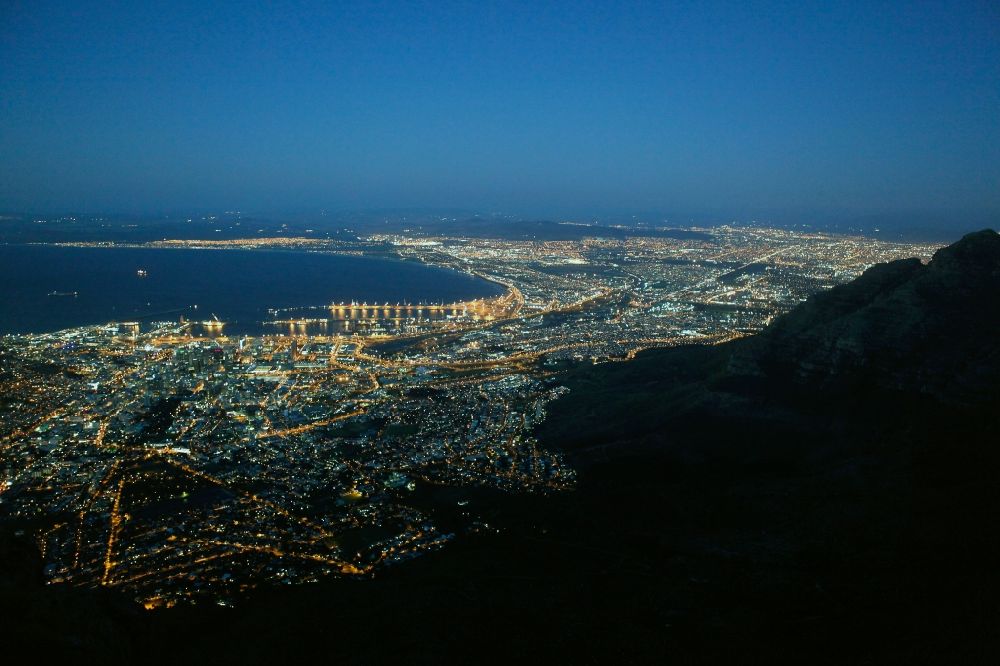 Aerial image at night Kapstadt - Night view of Center on the seacoast of South Atlantic in Cape Town in Western Cape, South Africa