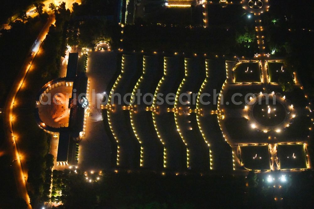 Aerial photograph at night Potsdam - Night lighting palace Sanssouci to the show Potsdamer Schloesser Nacht 2019 on Maulbeerallee in Potsdam in the state Brandenburg, Germany