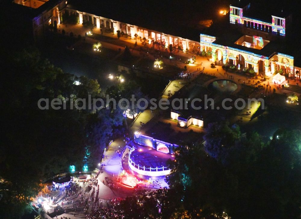Potsdam at night from above - Night coloring lighting park of Orangerieterrassen to the show Potsdam Castle Night 2019 on Maulbeerallee in the district Brandenburger Vorstadt in Potsdam in the state Brandenburg, Germany