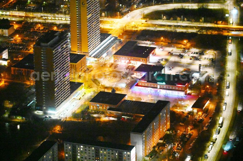 Berlin at night from above - Night lighting skyscrapers in the residential area of industrially manufactured settlement on Helene-Weigel-Platz in the district Marzahn-Hellersdorf in Berlin, Germany