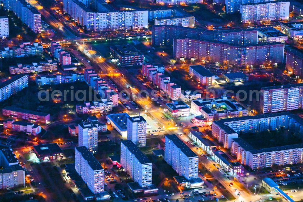 Aerial image at night Berlin - Night lighting residential area of industrially manufactured settlement on street Havemannstrasse in the district Marzahn in Berlin, Germany