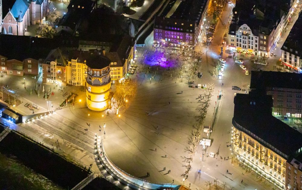 Düsseldorf at night from the bird perspective: Night lighting ensemble space Burgplatz in the inner city center in Duesseldorf in the state North Rhine-Westphalia, Germany